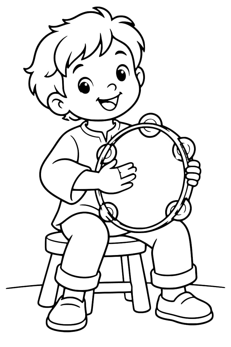 Dessin en noir et blanc d’un enfant souriant assis sur un tabouret, une main sur la peau d’un grand tambourin et l’autre tenant son bord.