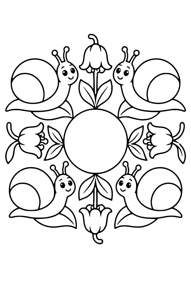 Mandala en noir et blanc représentant quatre escargots souriants, quatre fleurs et des feuilles autour d’un grand cercle central.