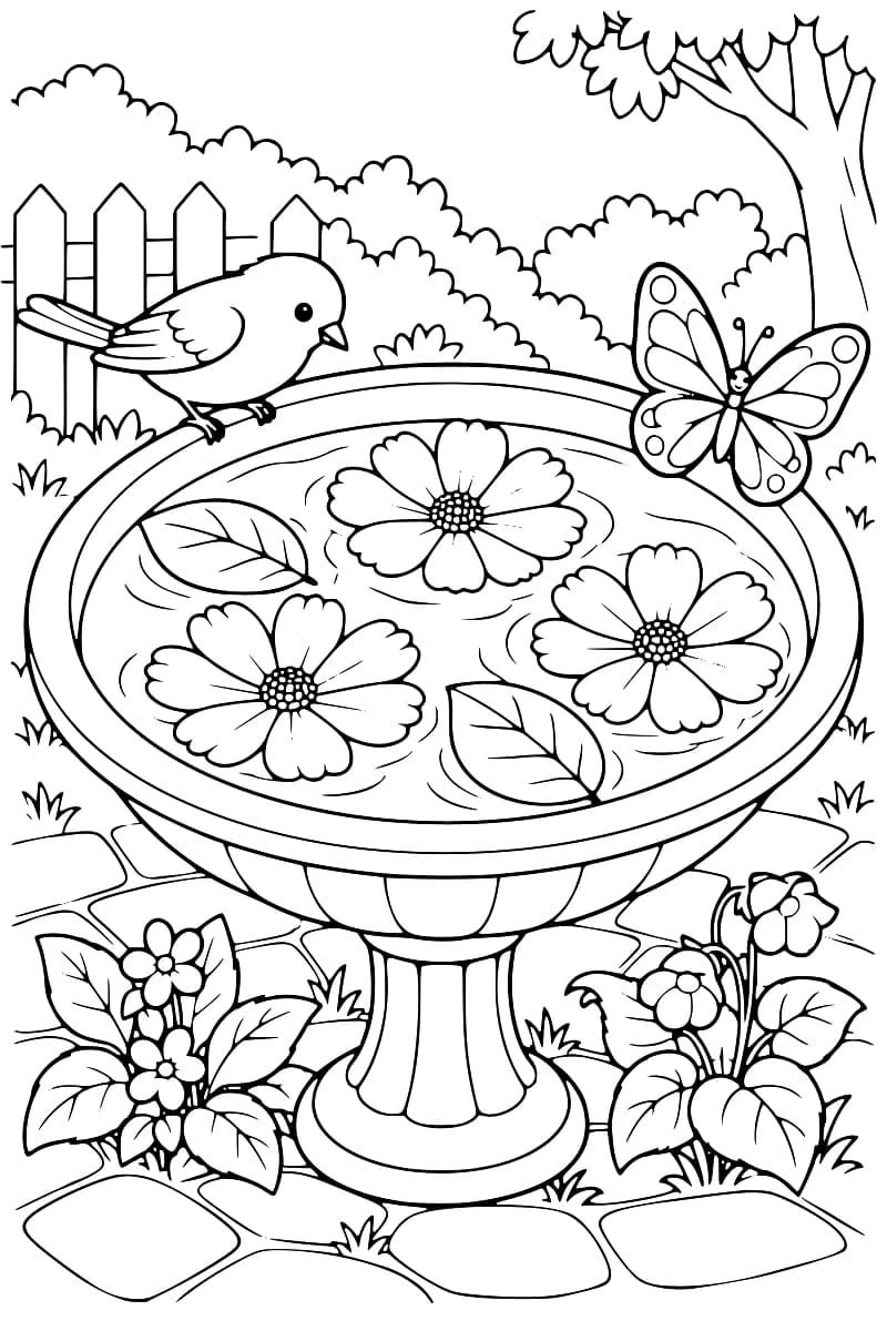 Dessin en noir et blanc d’une vasque de jardin sur pied contenant trois grandes fleurs et deux feuilles flottantes, avec un oiseau à gauche et un papillon à droite sur le rebord, entourée de plantes fleuries, de pavés, d’une clôture et d’un arbre.