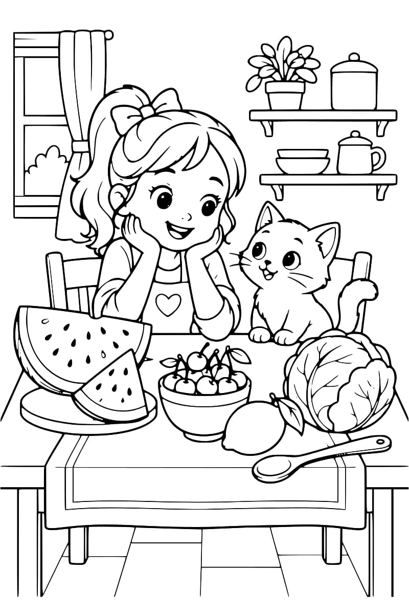 Dessin en noir et blanc à colorier montrant une fillette et un chat près d’une table couverte de fruits, de légumes et d’une cuillère en bois, dans une cuisine.