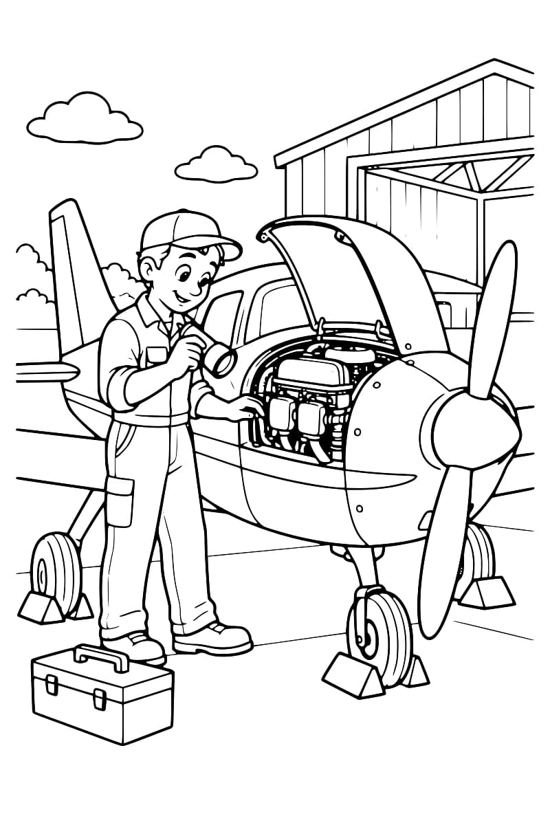 Dessin en noir et blanc d’un mécanicien en casquette éclairant le moteur découvert d’un petit avion à hélice devant un hangar, avec une boîte à outils à ses pieds et des cales sous les roues.