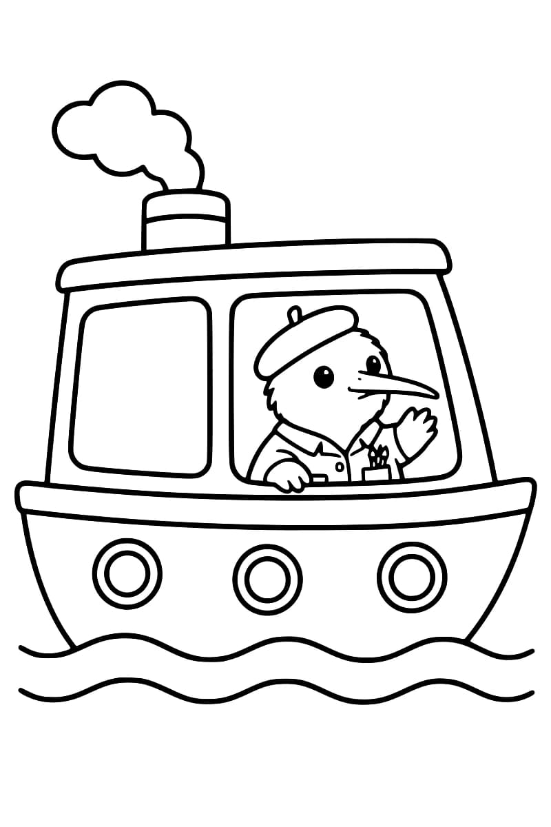 Dessin en noir et blanc d’un bateau avec trois hublots et une cheminée fumante, flottant sur deux lignes ondulées. Kiwi, un oiseau au long bec portant un béret, salue depuis la grande fenêtre de la cabine.