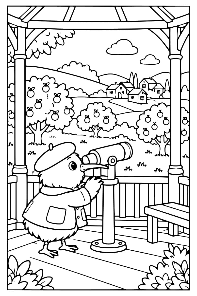 Dessin en noir et blanc d’un oiseau portant un béret et une veste, l’œil devant une longue-vue sur pied sous un kiosque avec un banc, face à des arbres fruitiers, des maisons et des collines.