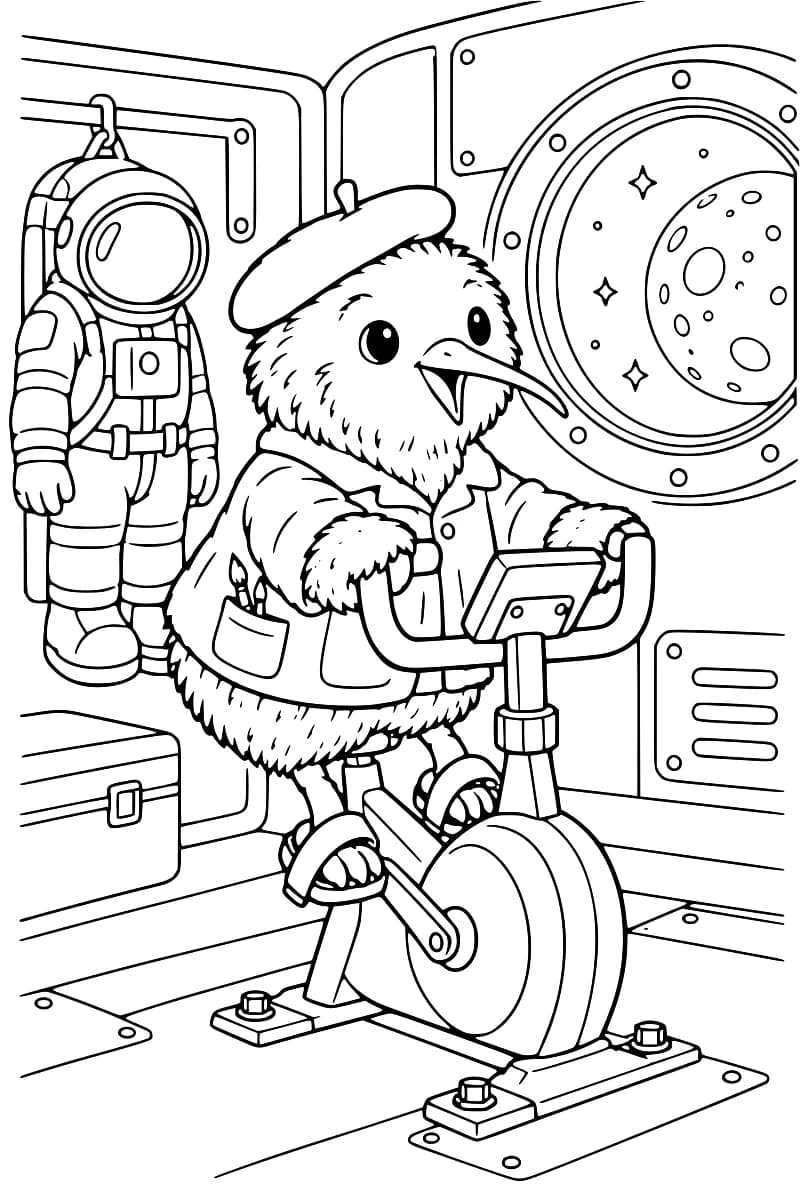 Dessin en noir et blanc d’un kiwi en béret et en veste sur un vélo d’exercice fixé au sol, avec une combinaison spatiale suspendue derrière lui et un astre criblé de cratères visible par le hublot.