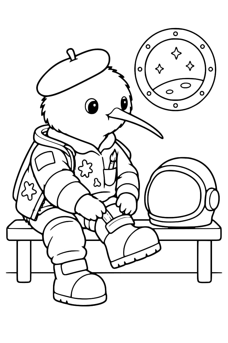 Dessin en noir et blanc d’un kiwi portant un béret et une combinaison d’astronaute, assis sur un banc et ajustant une botte. Un pinceau dépasse de sa poche, son casque repose à sa droite et un hublot montre des étoiles au-dessus d’un sol parsemé de cratères.