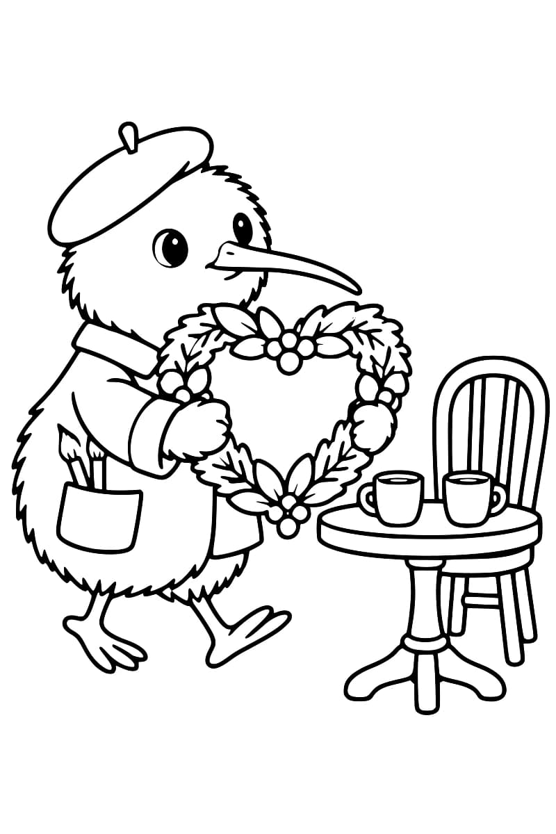 Dessin en noir et blanc de Kiwi portant une couronne de feuilles en forme de cœur devant une table avec deux tasses.
