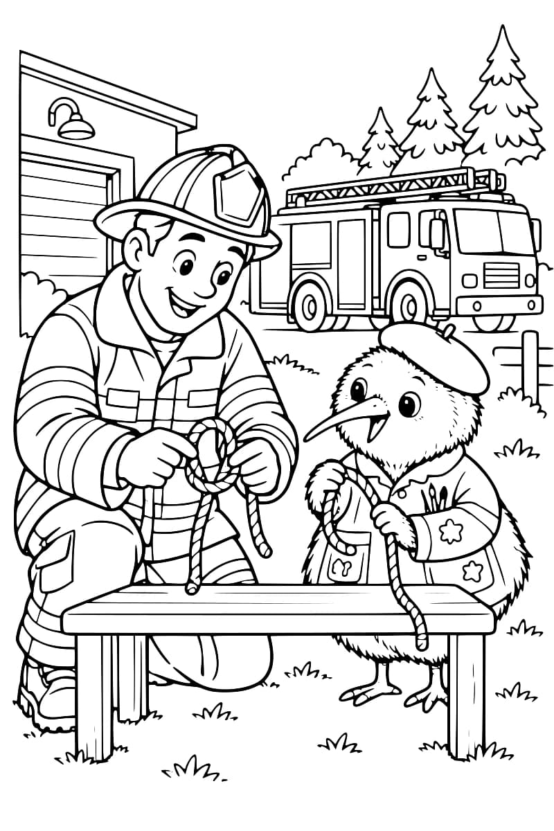 Dessin en noir et blanc d’un pompier agenouillé et de Kiwi, un oiseau portant un béret, qui manipulent chacun une corde derrière une table, avec un camion de pompiers et des sapins en arrière-plan.
