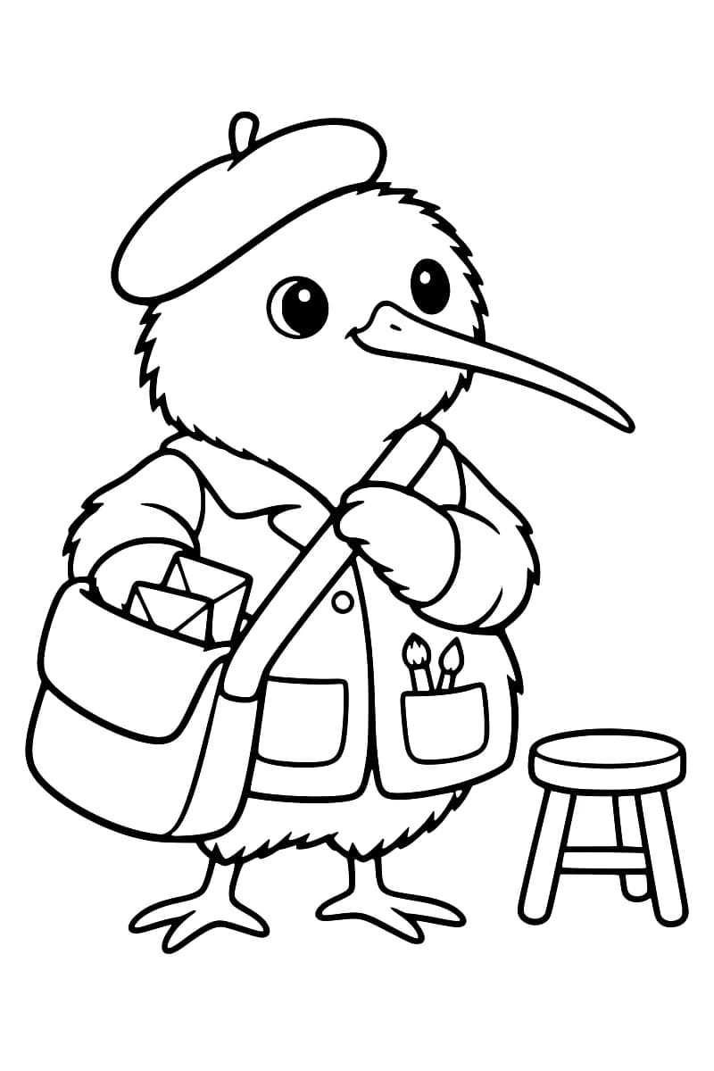 Dessin en noir et blanc de Kiwi coiffé d’un béret, avec deux pinceaux dans une poche et une sacoche contenant deux enveloppes, à côté d’un tabouret.