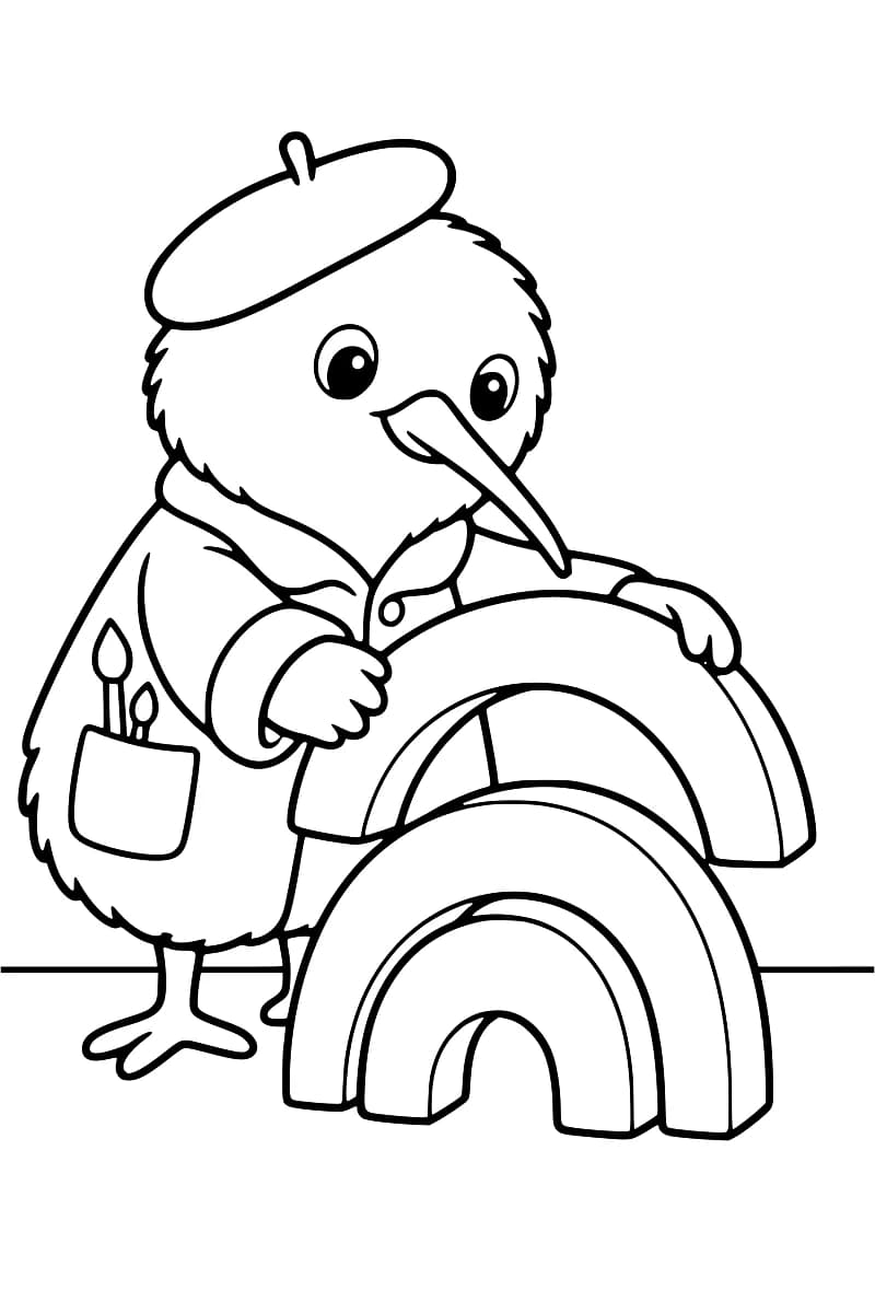Dessin en noir et blanc de Kiwi, un oiseau au long bec portant un béret et une blouse avec des pinceaux dans la poche, qui tient une grande arche au-dessus de deux arches emboîtées.