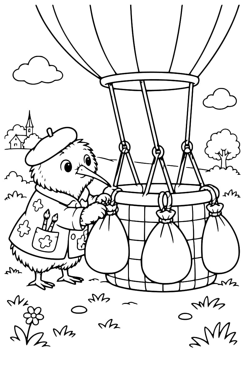 Dessin en noir et blanc de Kiwi, coiffé d’un béret et vêtu d’une veste avec des pinceaux dans la poche, manipulant l’attache d’un sac sur une nacelle de montgolfière. Trois sacs pendent à la nacelle, dans un paysage avec des herbes, une fleur, un arbre et un village au loin.