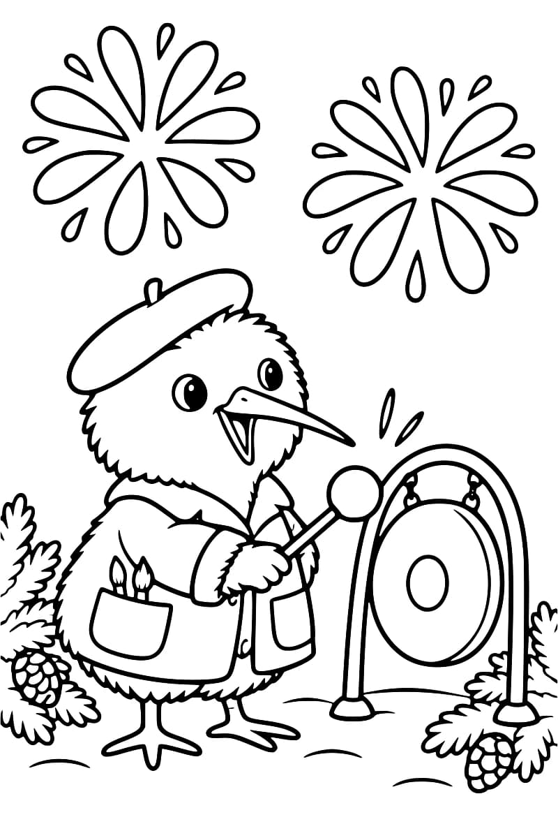 Dessin en noir et blanc de Kiwi, un oiseau souriant coiffé d’un béret et vêtu d’une veste avec des pinceaux dans une poche, tenant une mailloche devant un gong suspendu à un support, avec deux feux d’artifice au-dessus et des branches de conifère garnies de pommes de pin au sol.