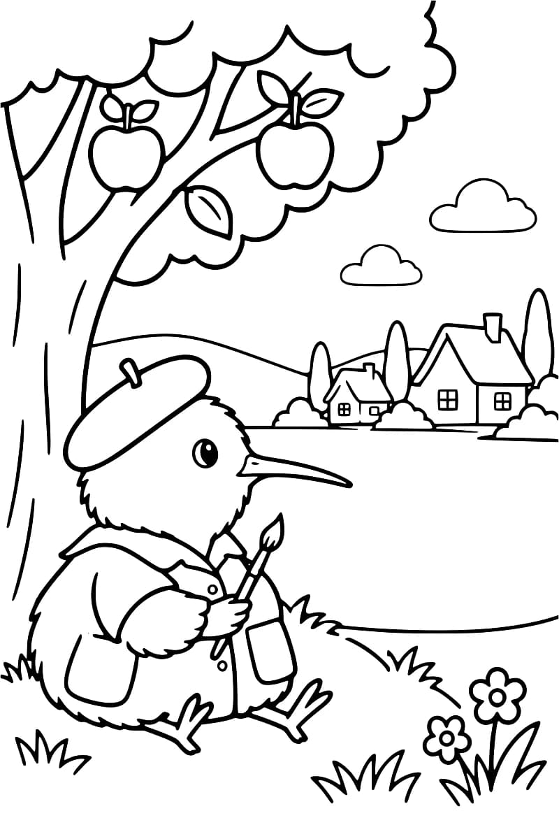 Dessin en noir et blanc d’un kiwi en béret et en veste, assis sous un pommier et tenant un pinceau entre ses ailes, avec des fleurs au premier plan et deux maisons, des arbres, des collines et des nuages à l’arrière-plan.