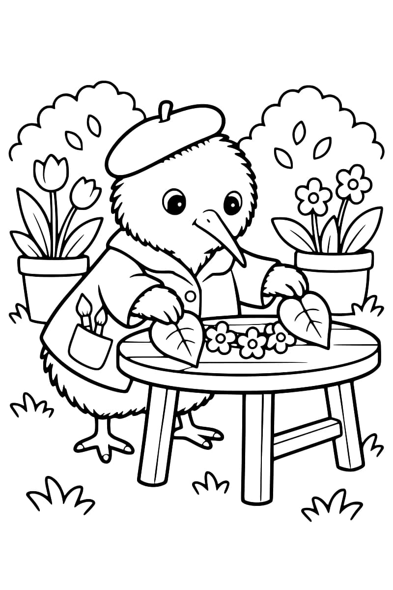 Dessin à colorier d’un kiwi portant un béret et une veste avec des pinceaux dans la poche, disposant des fleurs et deux feuilles en forme de cœur sur une table ronde, entre deux pots de fleurs.