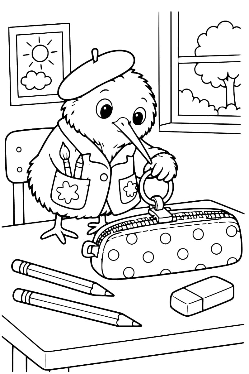 Dessin en noir et blanc de Kiwi en béret et en veste, tenant un grand anneau relié à la fermeture d’une trousse à pois. Deux crayons et une gomme sont posés sur la table, devant une fenêtre donnant sur des arbres.