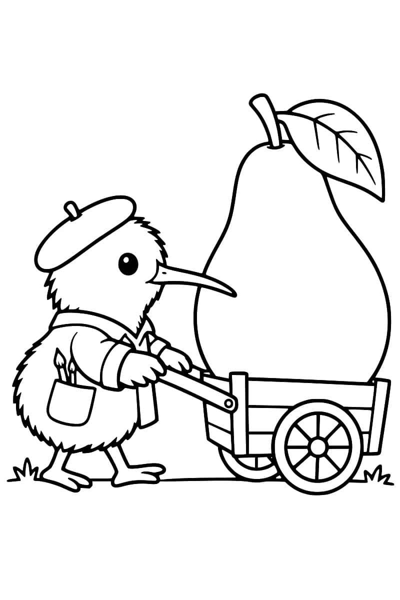 Dessin en noir et blanc d’un kiwi en béret, avec des pinceaux dans sa poche, poussant une charrette à deux roues chargée d’une grande poire avec une feuille.