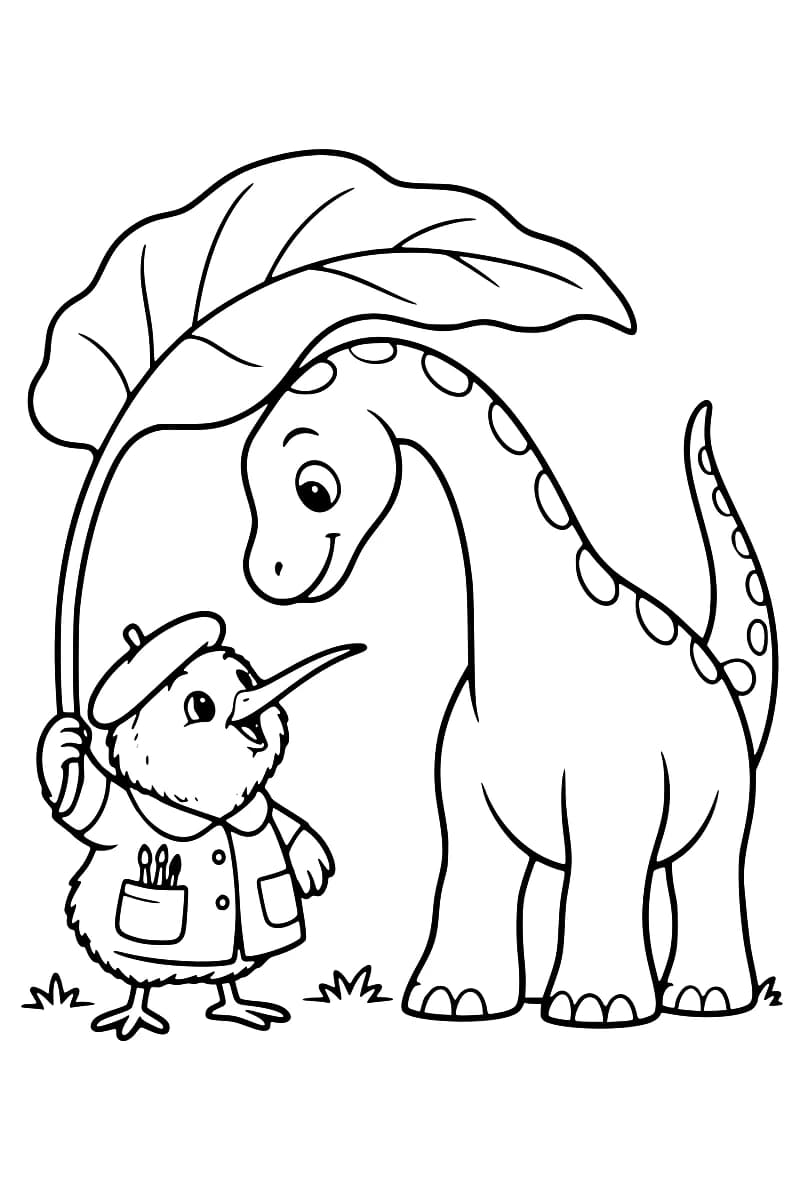 Dessin en noir et blanc de Kiwi, un oiseau au long bec portant un béret et une veste avec des pinceaux dans une poche, qui tient une immense feuille au-dessus de lui et d’un dinosaure souriant au long cou tacheté.