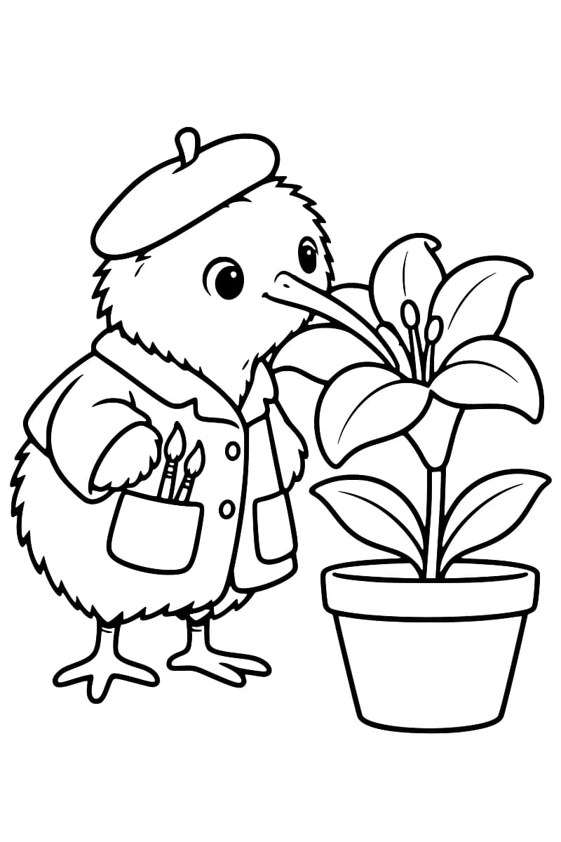 Dessin au trait noir sur fond blanc d’un kiwi en béret et en veste, avec deux pinceaux dans une poche, devant un grand lys ouvert dans un pot à deux feuilles.