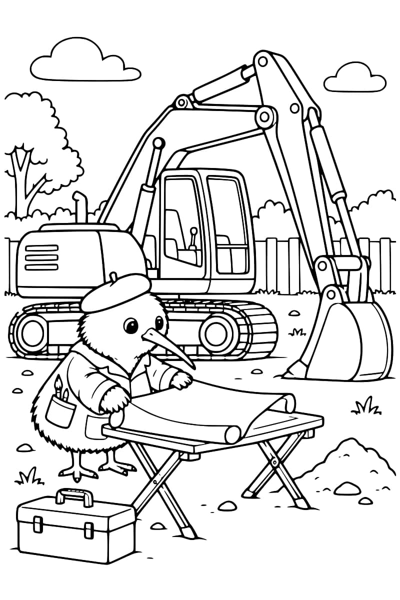 Dessin à colorier de Kiwi en béret et veste à poches, les ailes posées sur un plan déroulé sur une table pliante, avec une boîte à outils au premier plan et une pelleteuse à chenilles dont le godet repose au sol à l’arrière.
