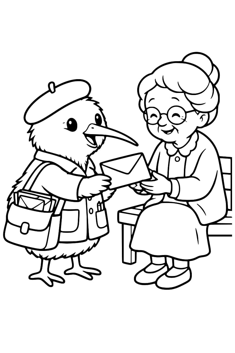 Dessin en noir et blanc d’un oiseau facteur qui tend une enveloppe à une dame souriante portant des lunettes et un chignon, assise sur un banc.