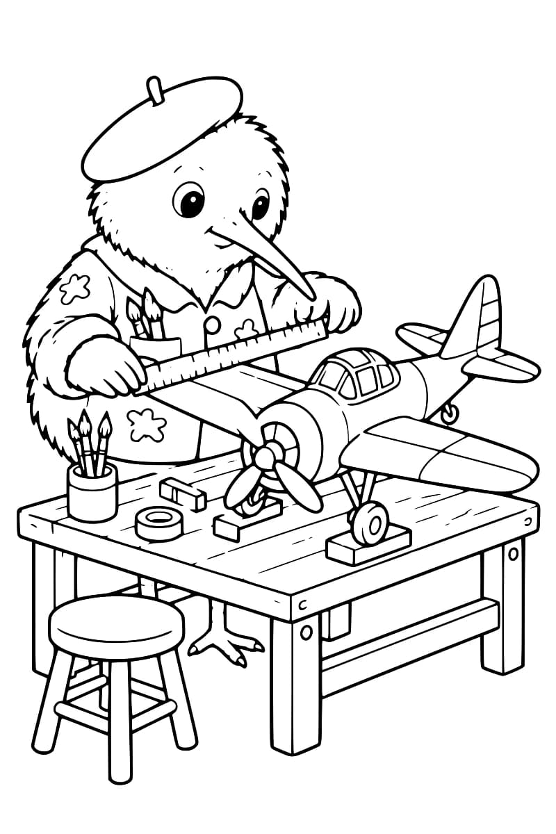 Dessin en noir et blanc d’un kiwi portant un béret et tenant une règle sur l’aile d’un avion miniature à hélice, posé sur un établi avec des pinceaux, un rouleau de ruban adhésif et des cales ; un tabouret se trouve devant.