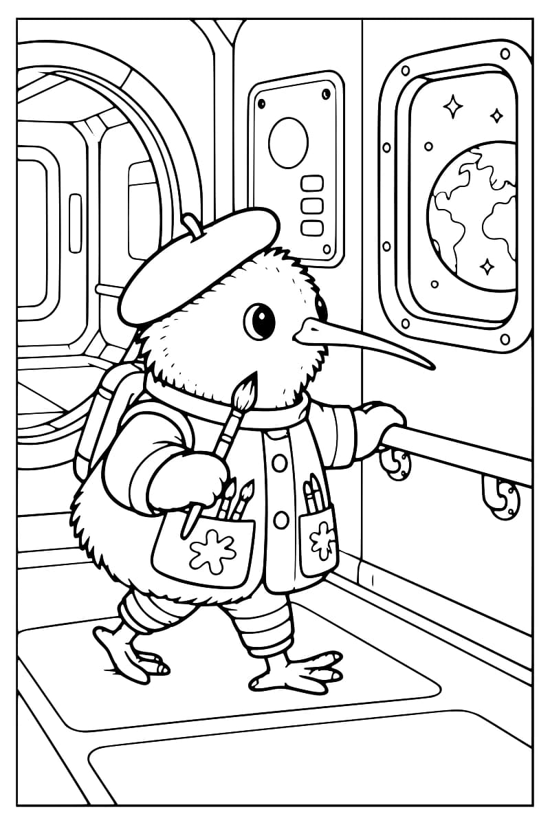 Dessin en noir et blanc d’un kiwi en béret et veste à poches garnies de pinceaux, avec un sac sur le dos, dans un couloir de station spatiale. Il tient un pinceau dans une main et une rampe dans l’autre ; la Terre et des étoiles sont visibles par le hublot.