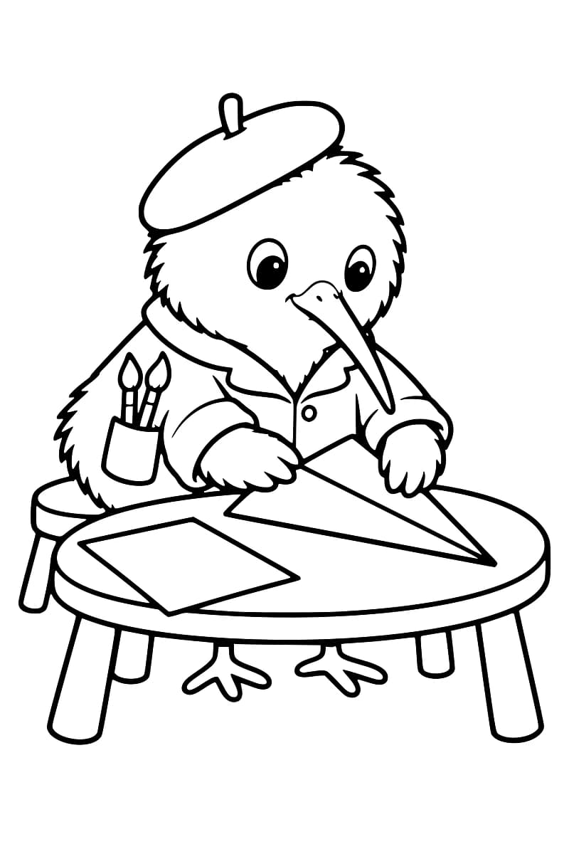 Dessin en noir et blanc d’un kiwi portant un béret et une veste avec deux pinceaux dans la poche, assis devant une table ronde où il plie un grand avion en papier.