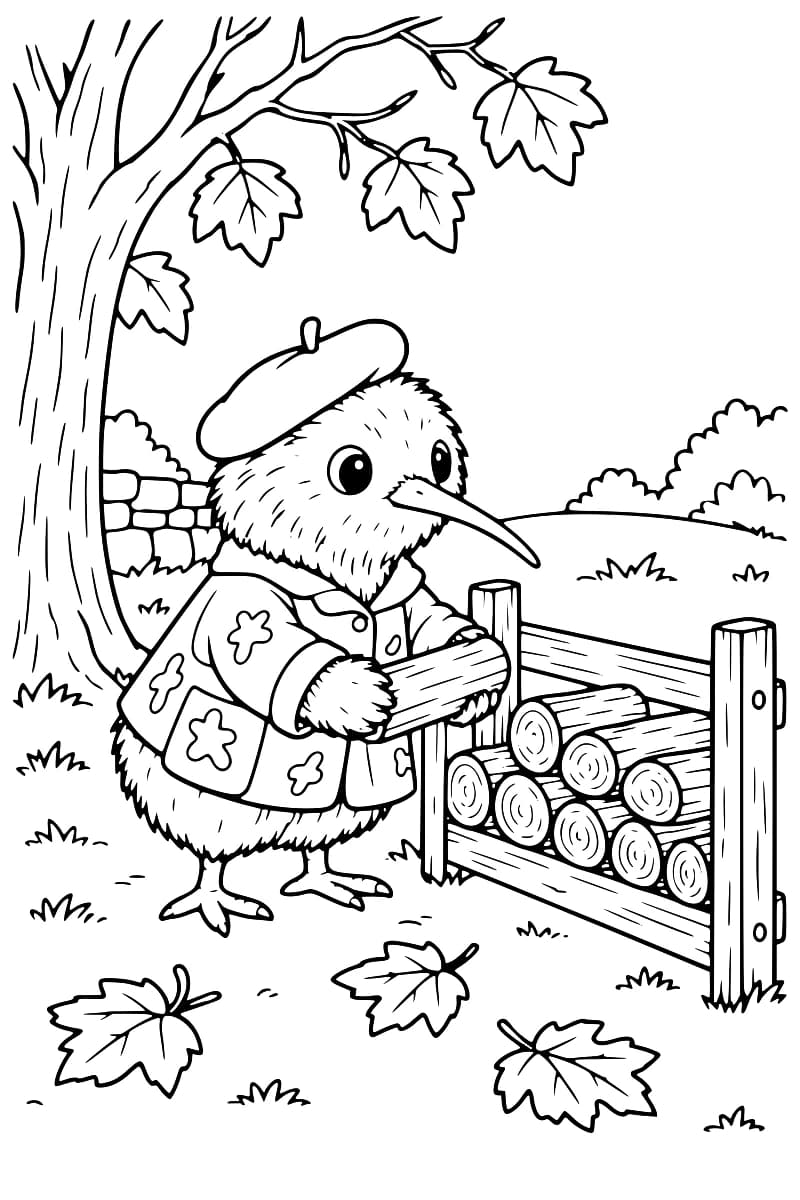 Dessin en noir et blanc d’un kiwi portant un béret et une veste à motifs, tenant une bûche devant un râtelier rempli de bois, près d’un arbre et de feuilles tombées au sol.