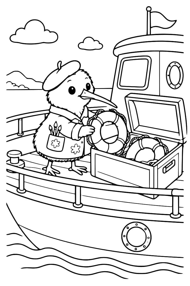 Dessin en noir et blanc de Kiwi portant un béret et une veste avec des pinceaux dans la poche, tenant une bouée devant un coffre ouvert qui en contient une autre, sur le pont d’un bateau avec des hublots et un drapeau.