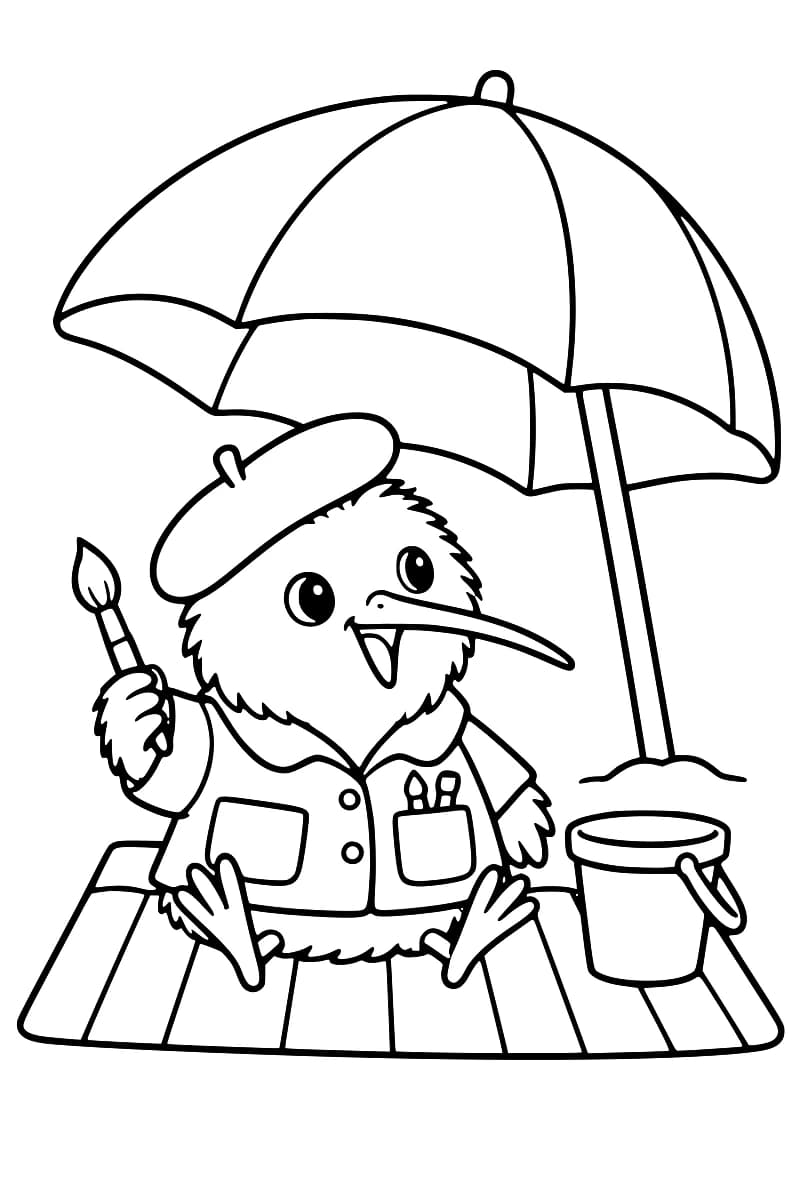 Dessin en noir et blanc de Kiwi, un oiseau au long bec coiffé d’un béret et vêtu d’une veste avec des pinceaux dans une poche, assis sur une natte rayée sous un parasol, tenant un pinceau près d’un seau.