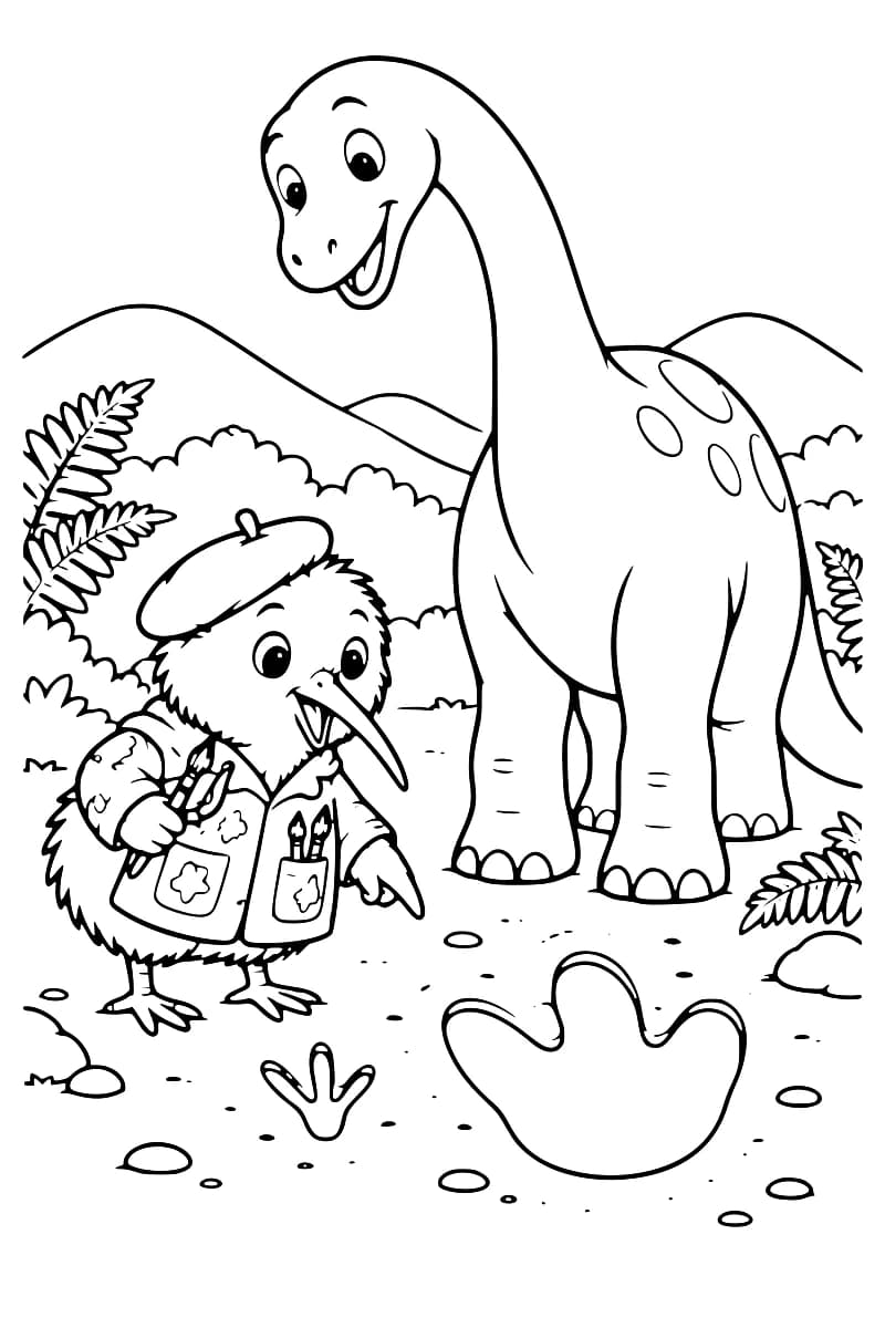 Kiwi portant un gilet d’explorateur, debout près des grandes empreintes d’un dinosaure au long cou.