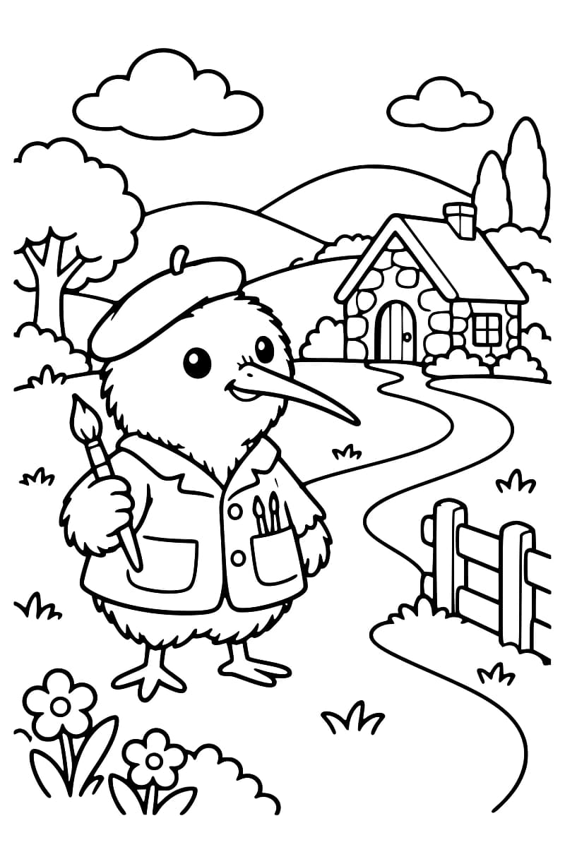 Illustration à colorier en noir et blanc montrant Kiwi avec un pinceau, devant un chemin de campagne bordé d’une clôture, d’arbres, de fleurs et d’une maison dans les collines.