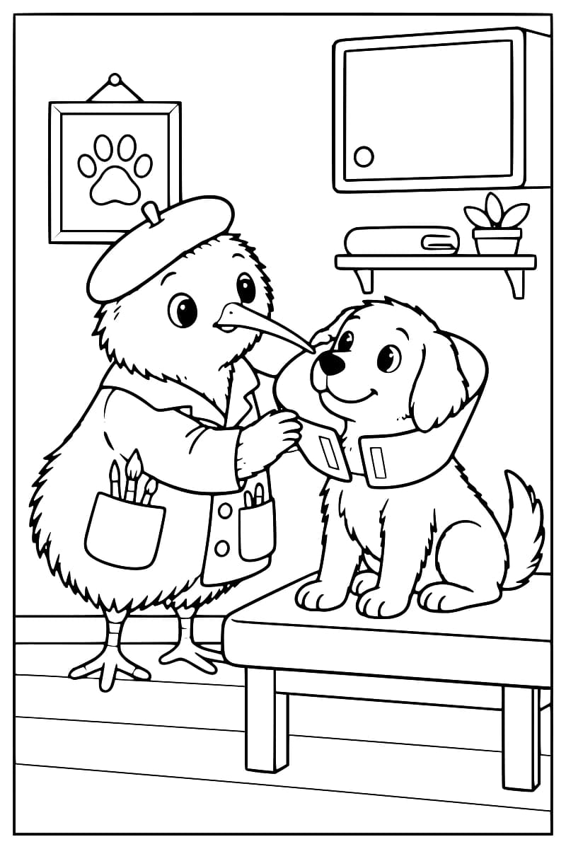 Dessin au trait noir sur fond blanc d’un oiseau en béret et blouse ajustant la collerette d’un chien assis sur une table. Un cadre avec une empreinte de patte, une armoire murale et une étagère portant une serviette et une plante complètent le décor.