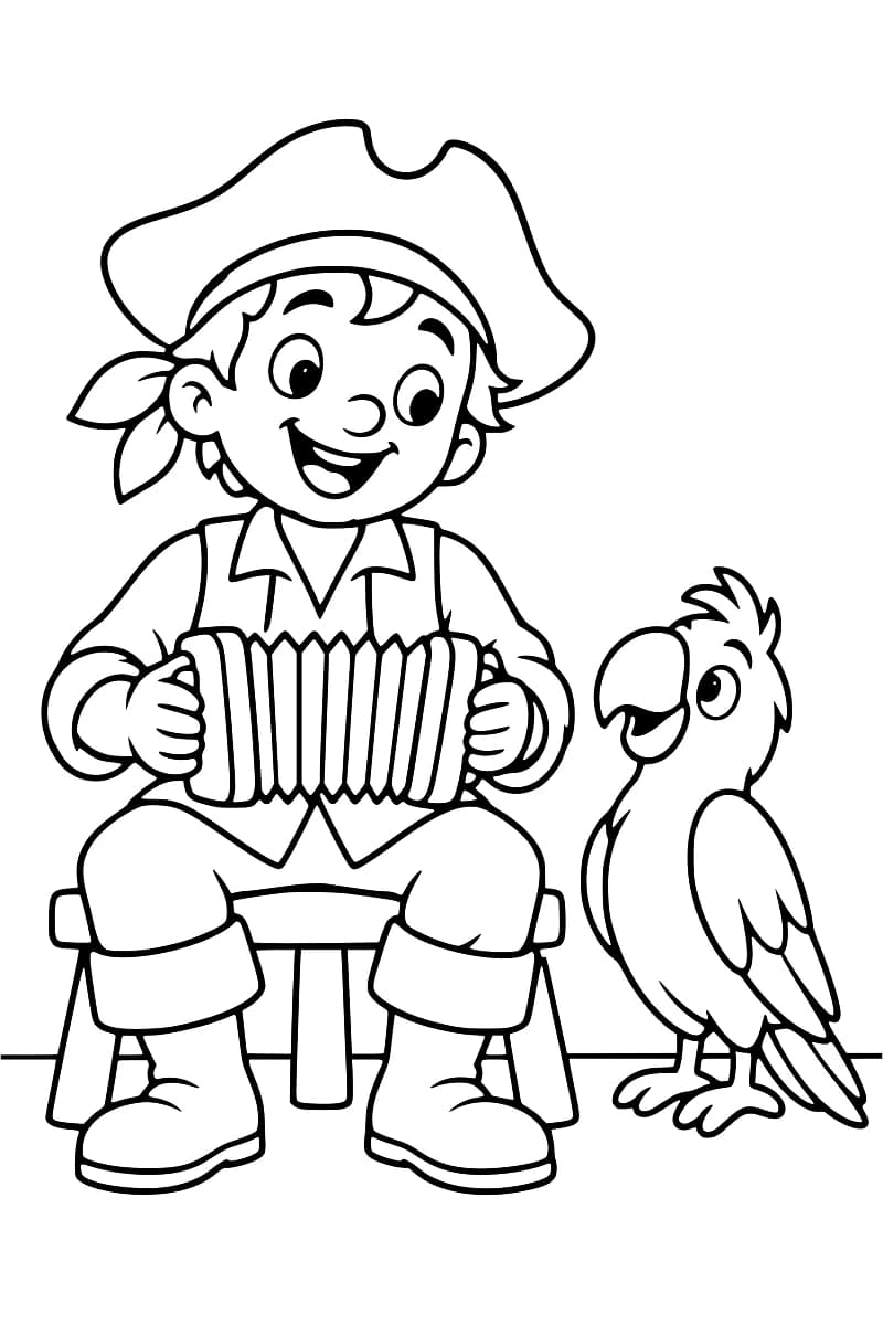 Dessin en noir et blanc d’un jeune pirate souriant assis sur un tabouret, jouant de l’accordéon avec un perroquet debout à côté de lui.