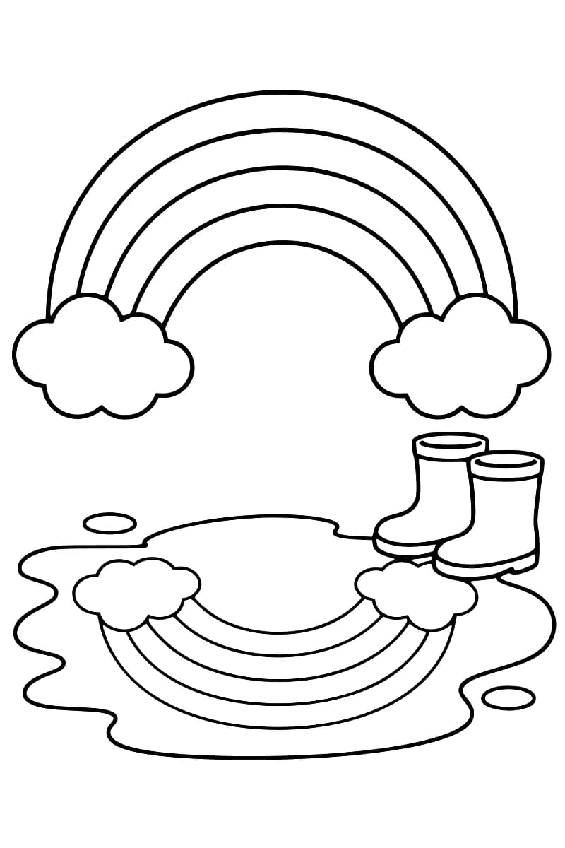 Dessin en noir et blanc d’un arc-en-ciel entre deux nuages, avec leur reflet inversé dans une grande flaque et une paire de bottes de pluie à droite.