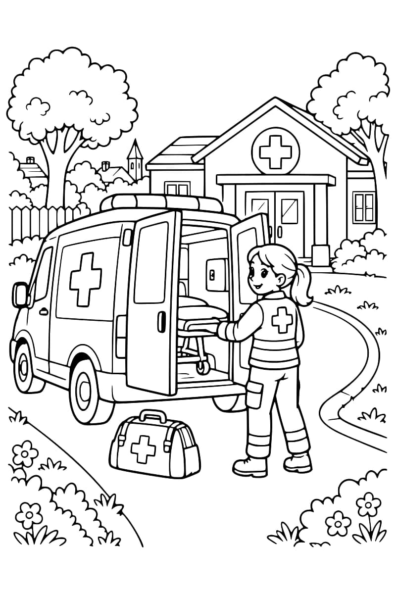 Dessin en noir et blanc montrant une ambulance devant une clinique, avec une secouriste près de la porte ouverte et une mallette médicale au sol.
