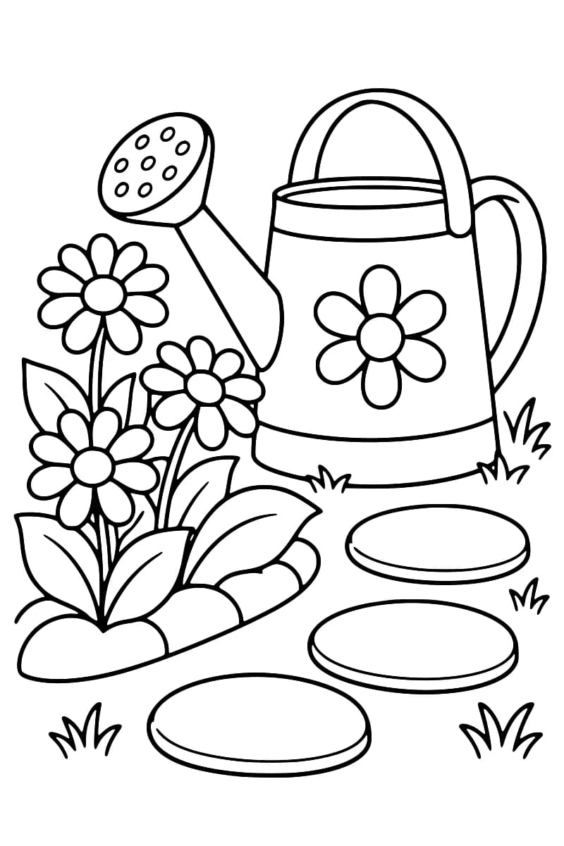 Dessin en noir et blanc montrant un arrosoir entouré de marguerites, de feuilles, d’herbe et de pierres plates.