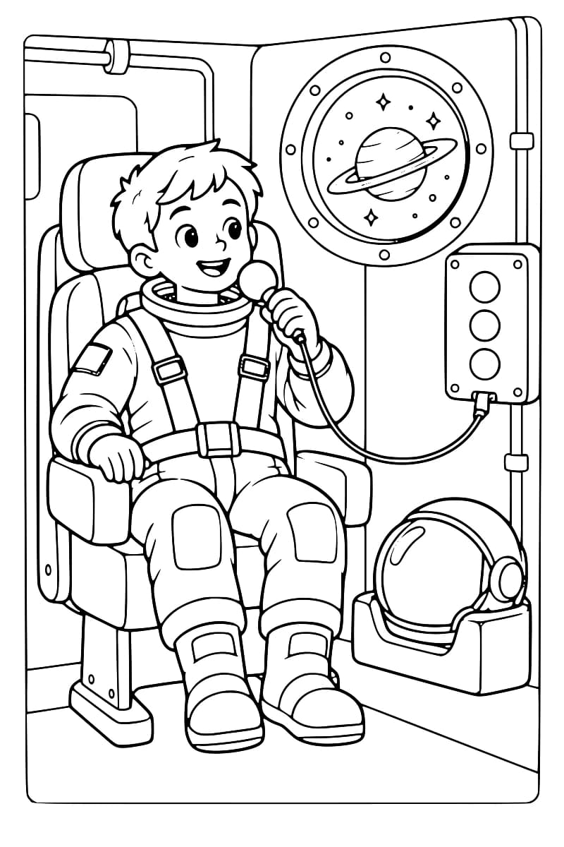 Dessin en noir et blanc d’un astronaute souriant, assis et attaché dans un fauteuil, un microphone à la main. Une planète à anneaux et des étoiles sont visibles par le hublot, tandis qu’un casque repose sur un support à côté de lui.