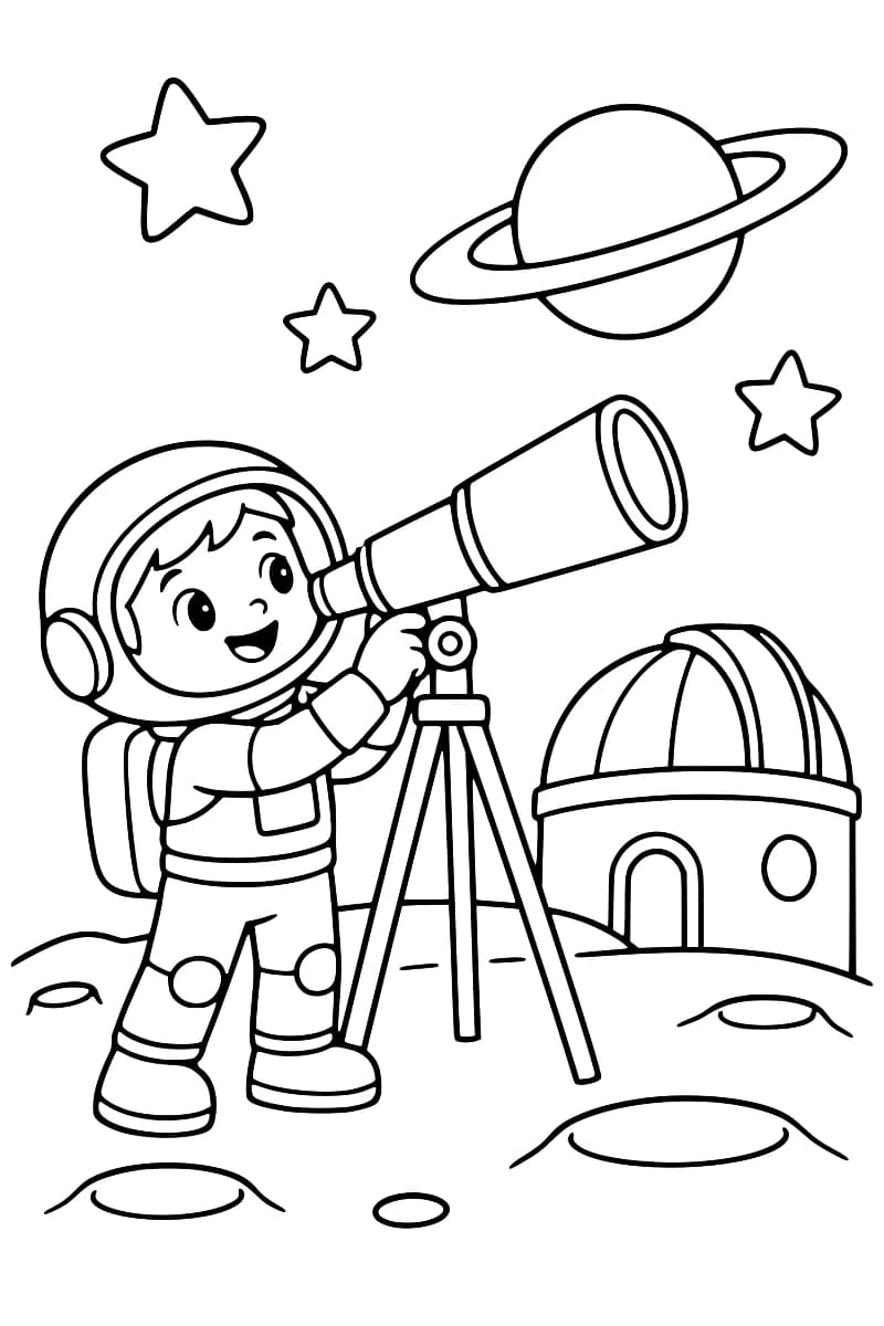 Dessin en noir et blanc d’un jeune astronaute regardant dans un télescope sur trépied, avec un observatoire à coupole, des cratères, trois étoiles et une planète à anneaux.
