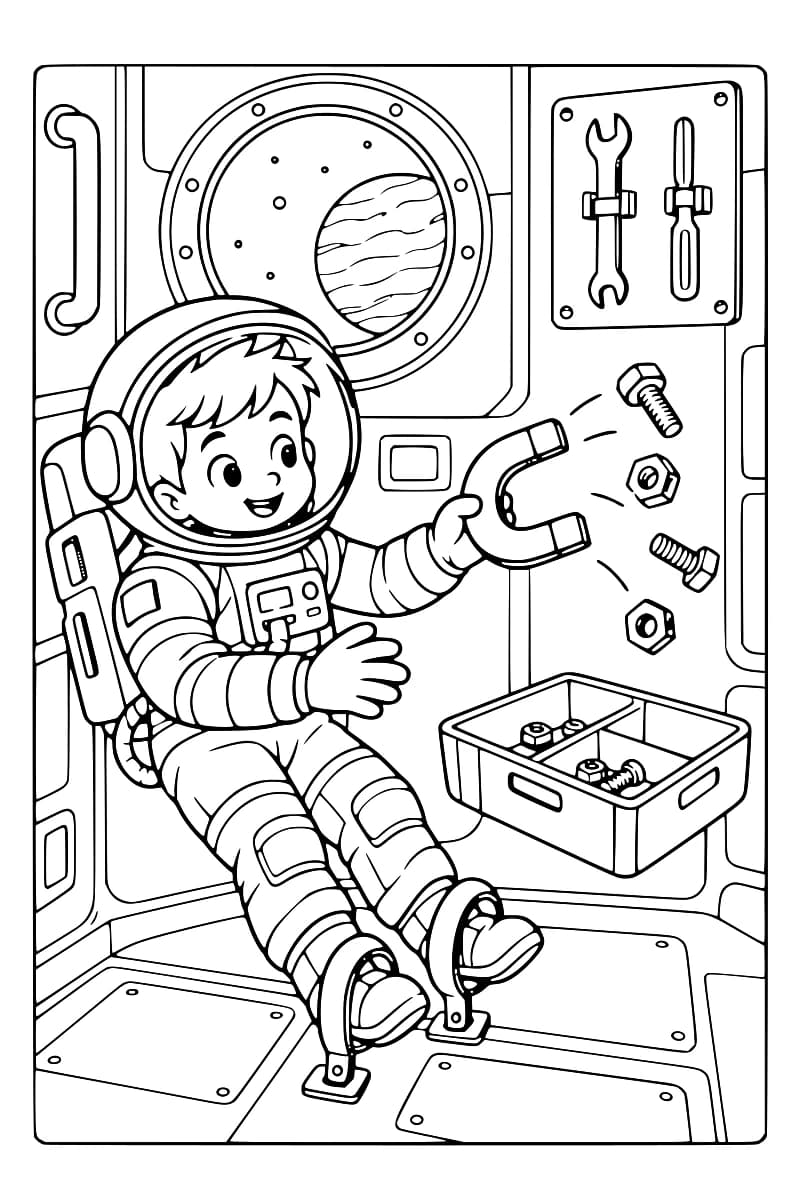 Dessin au trait d’un astronaute souriant tenant un aimant face à des écrous et des boulons en suspension, près d’un bac compartimenté ; des outils sont fixés au mur et une planète est visible par le hublot.