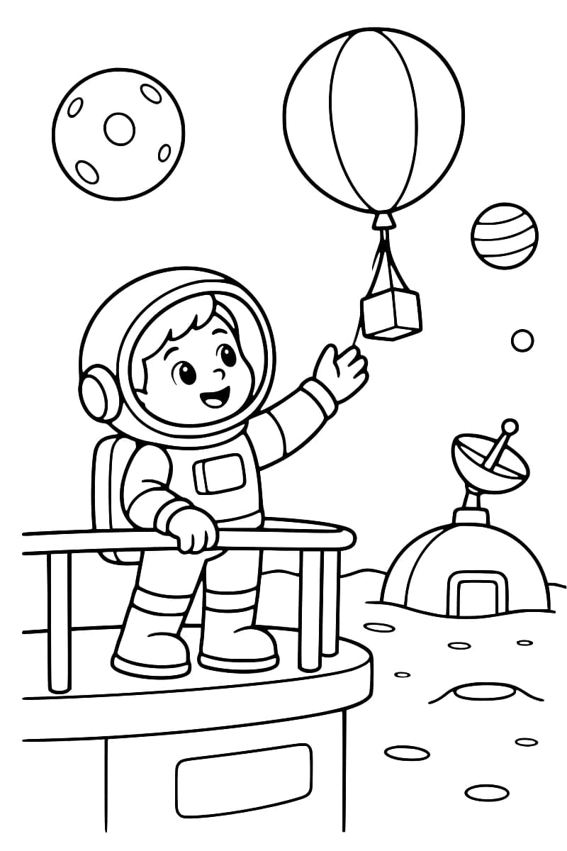Dessin au trait d’un astronaute souriant sur une plateforme à rambarde, la main tendue vers un ballon auquel est suspendue une boîte, avec des astres et un bâtiment à antenne en arrière-plan.