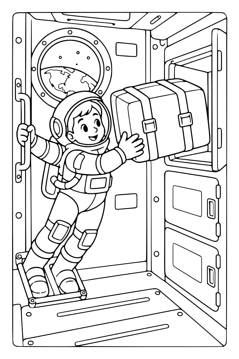 Dessin à colorier d’un astronaute souriant tenant une poignée d’une main et touchant de l’autre un gros colis à deux sangles, devant un compartiment ouvert, avec la Terre visible par un hublot.