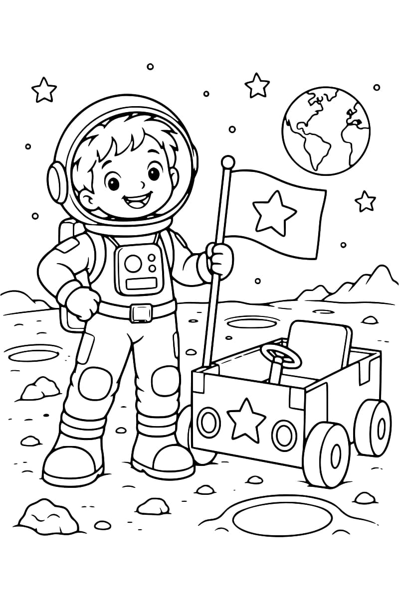 Dessin en noir et blanc d’un enfant astronaute près d’un rover à quatre roues, avec un drapeau étoilé, la Terre et des étoiles en arrière-plan.