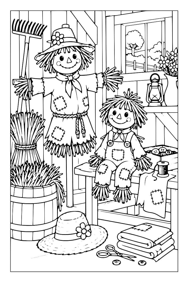 Dessin en noir et blanc montrant deux épouvantails dans une grange, avec un râteau, des bottes de paille, des tissus, un établi, une lampe et une fenêtre donnant sur un paysage rural.