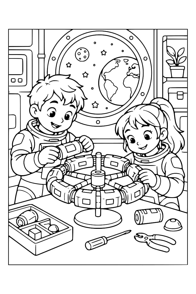 Deux enfants astronautes travaillent sur une maquette circulaire dans une station spatiale, entourés d’outils, avec la Terre et des étoiles visibles par le hublot.