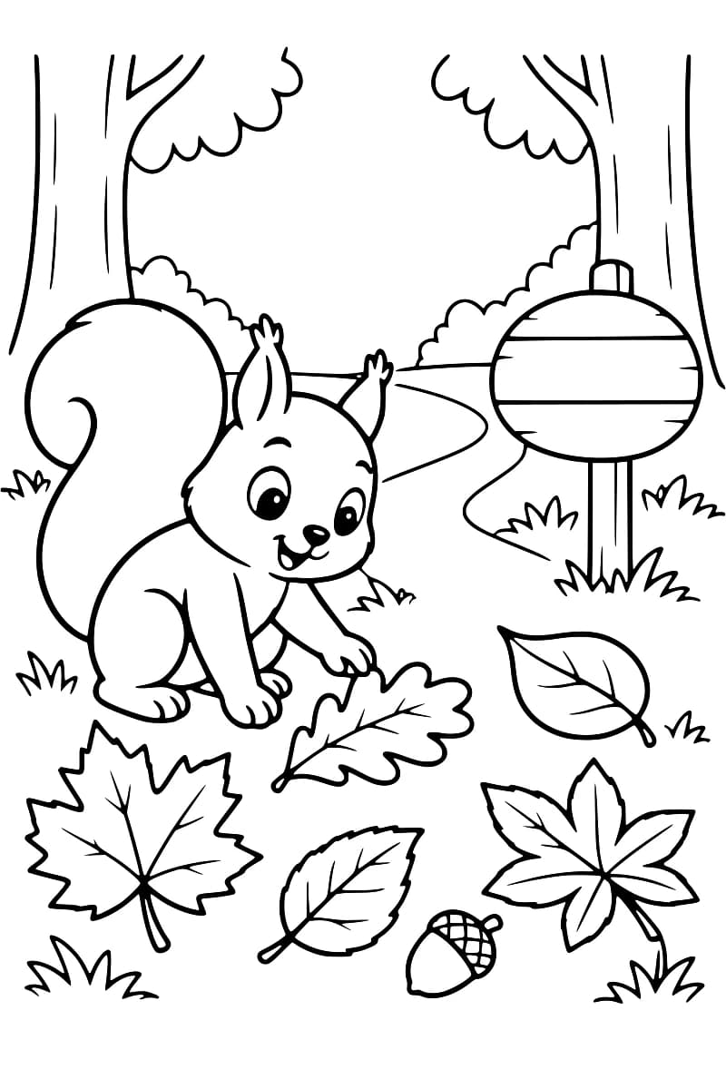 Dessin en noir et blanc d’un écureuil entouré de feuilles tombées, avec des arbres, un chemin sinueux et un panneau rond en arrière-plan.