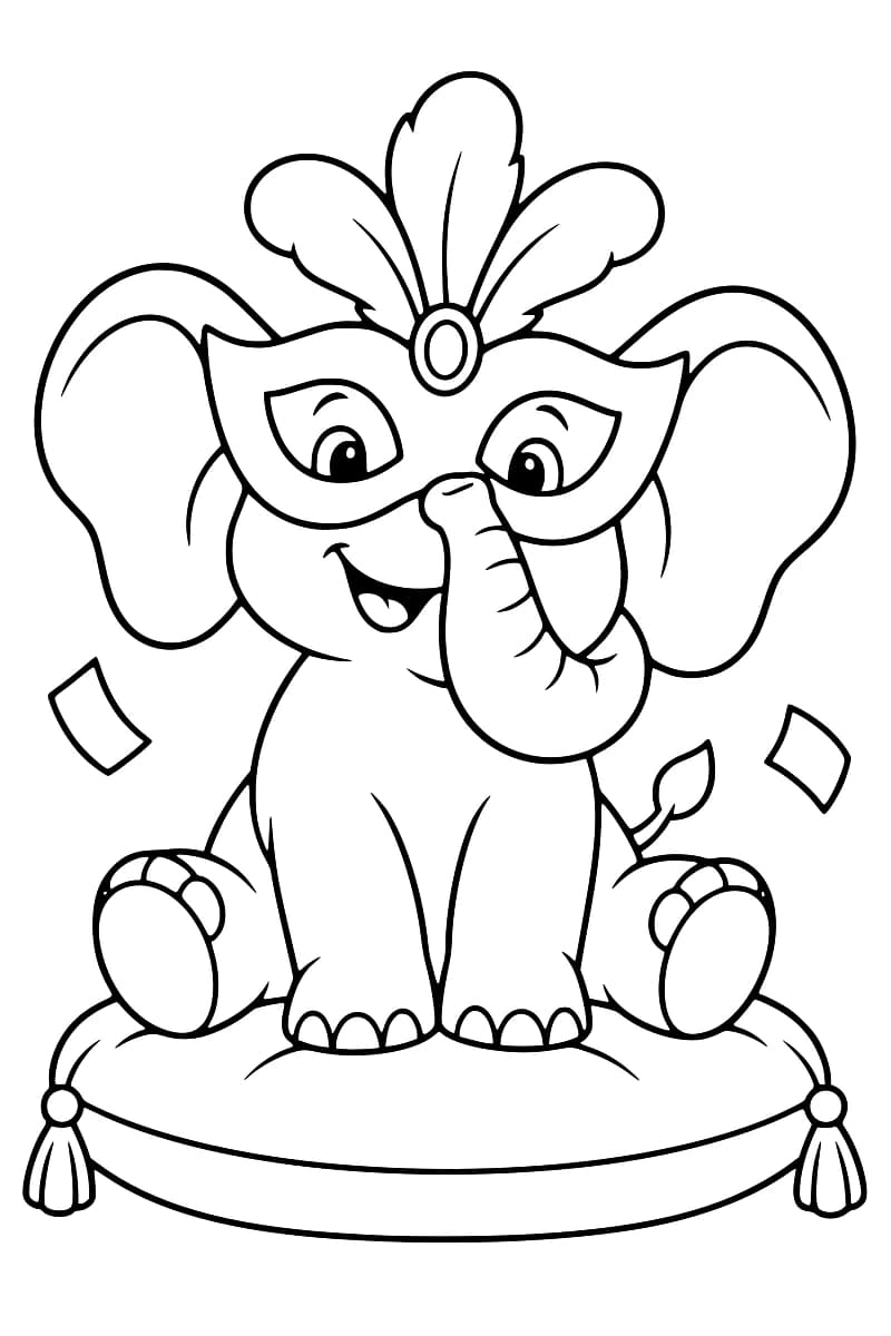 Dessin en noir et blanc d’un éléphant assis sur un coussin, la trompe relevée devant un masque à trois plumes, avec deux confettis autour de lui.