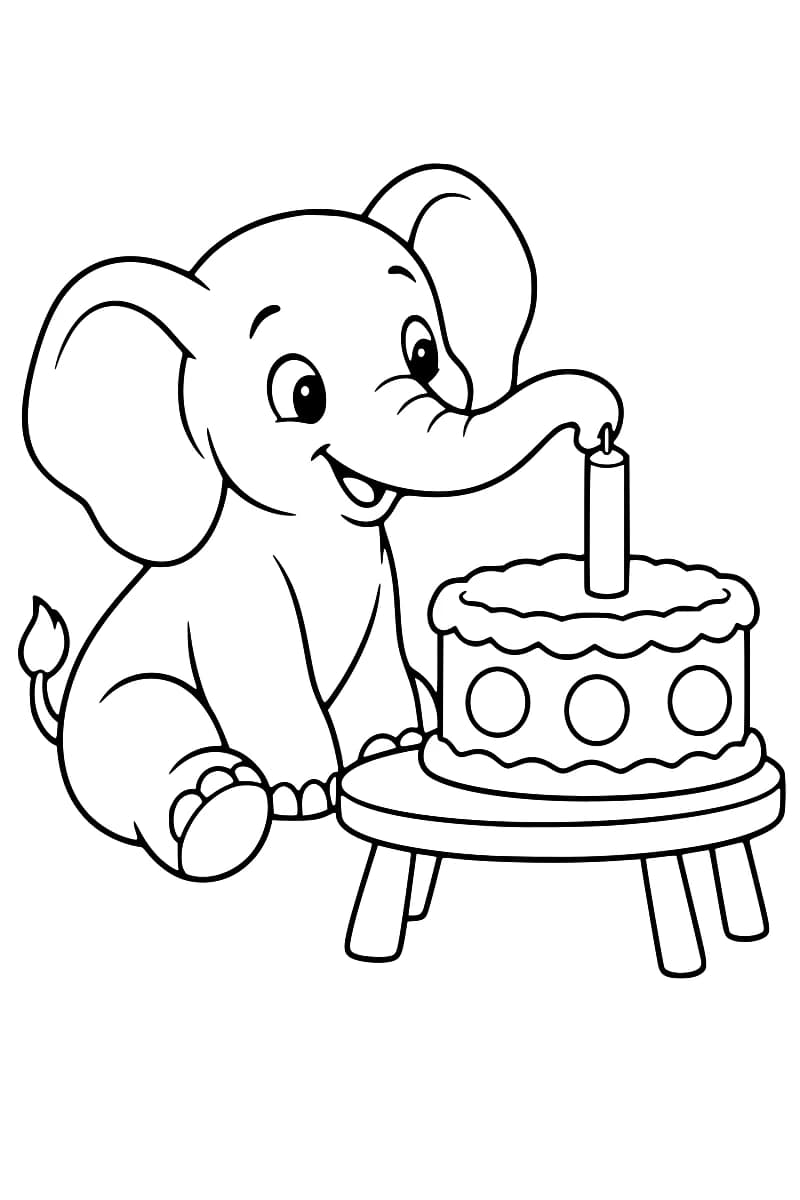 Dessin en noir et blanc d’un éléphant assis près d’une table basse ronde portant un gâteau décoré de cercles et de glaçage ondulé, avec une grande bougie éteinte dont il touche le sommet avec sa trompe.