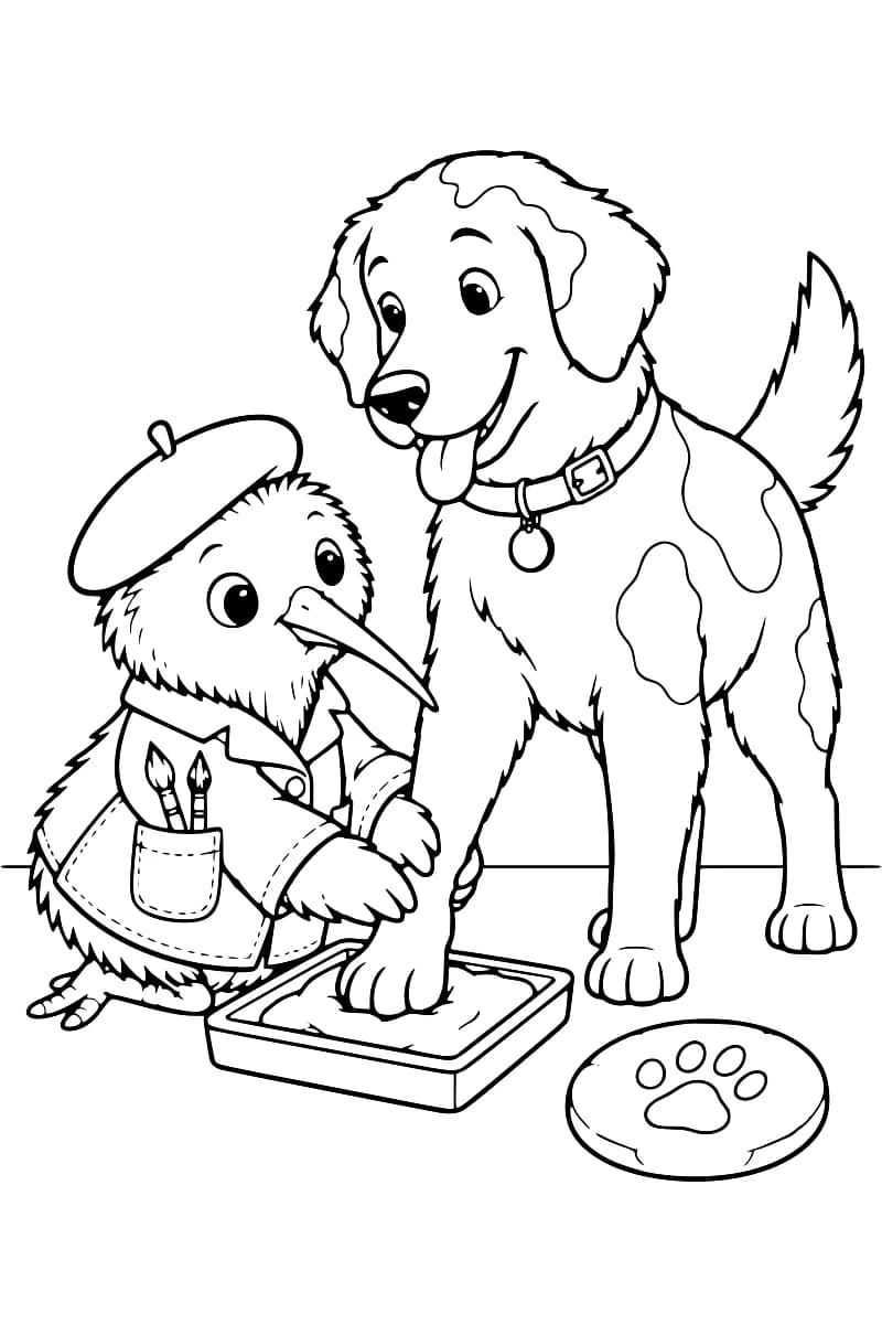 Dessin en noir et blanc d’un oiseau portant un béret et une veste avec des pinceaux dans la poche, guidant la patte avant d’un grand chien dans un plateau, à côté d’un disque marqué d’une empreinte de patte.