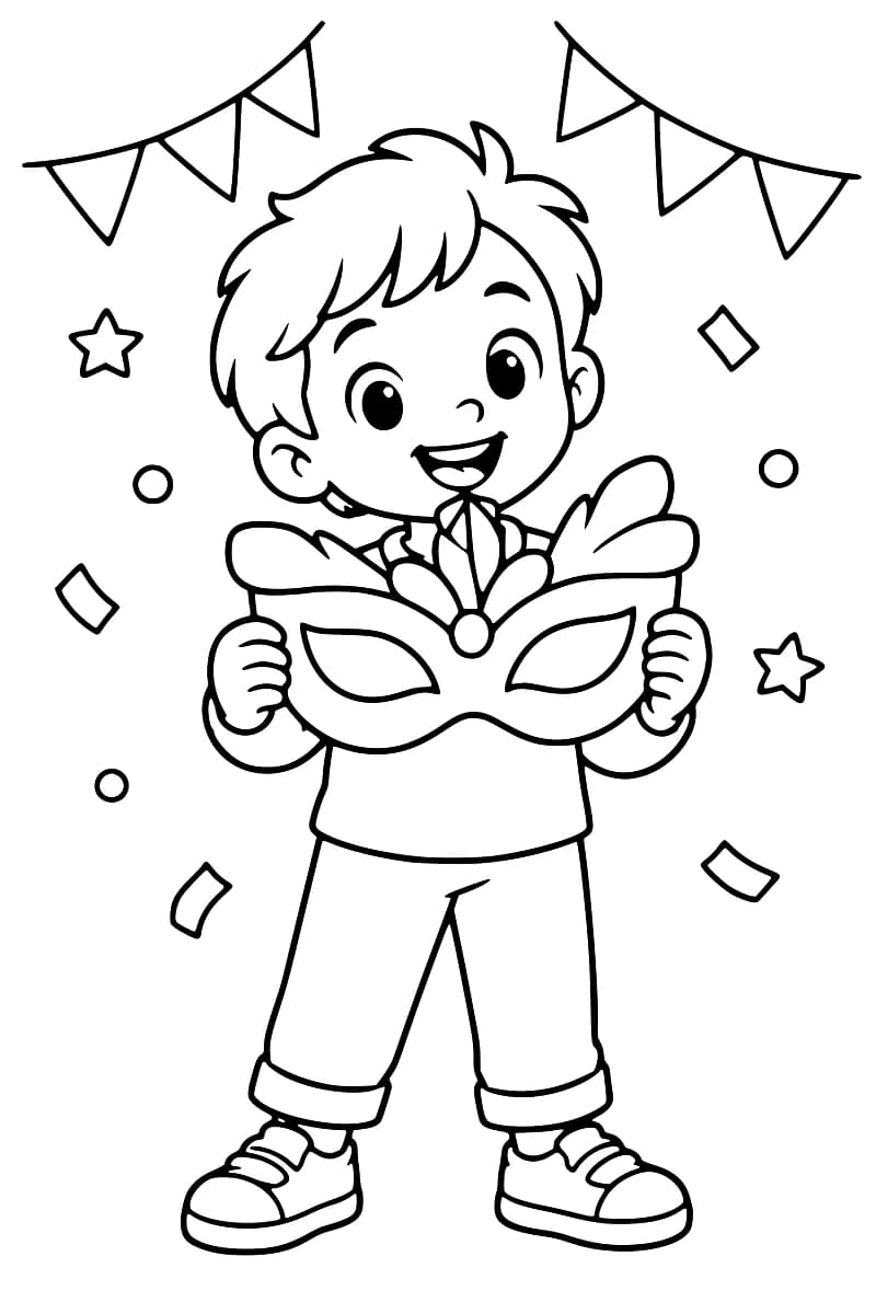 Coloriage en noir et blanc d’un enfant souriant tenant un grand masque de carnaval, avec des confettis et des fanions autour.