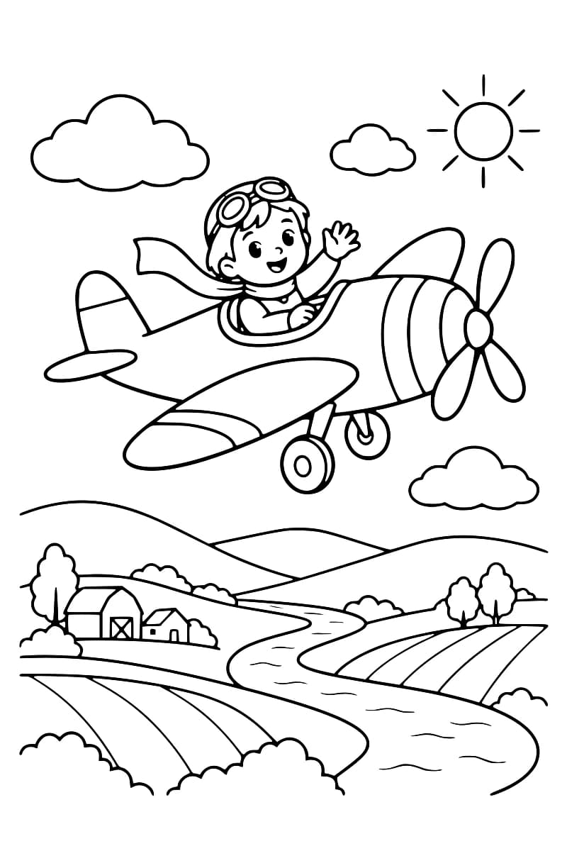 Dessin en noir et blanc d’un enfant dans un petit avion, au-dessus d’une rivière, de champs, d’arbres et d’une ferme.